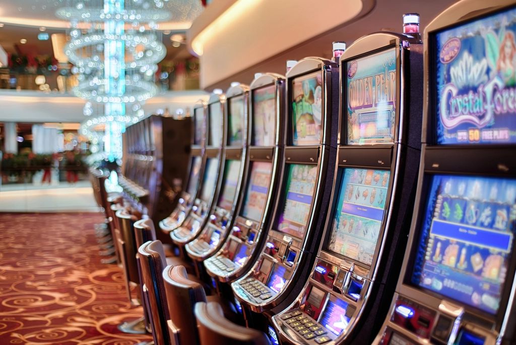 Deretan mesin slot dengan lampu warna-warni